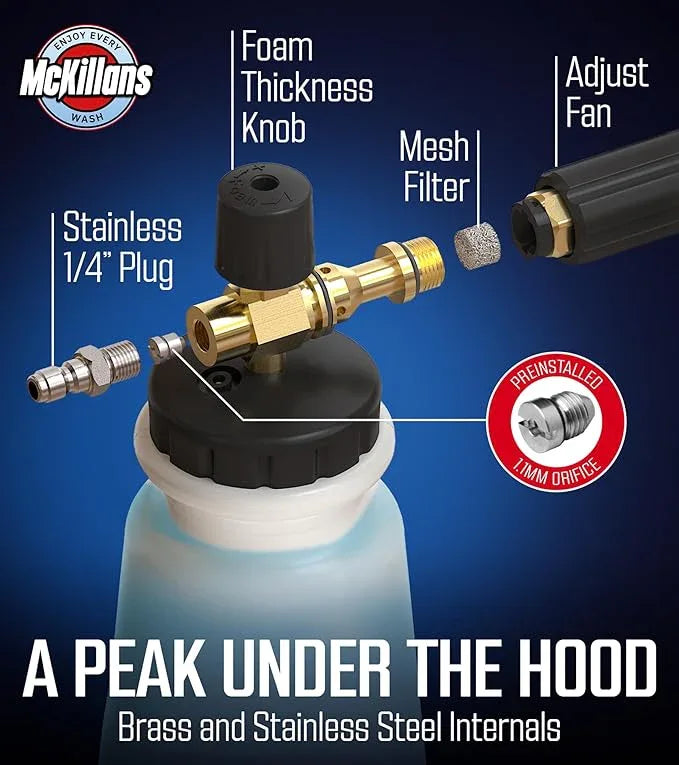 McKillans Pressure Washer Gun with Swivel & Foam Cannon Wide Mouth & M22-14mm Adapter - Adjustable Thick Foam - Power Washer Gun - 3/8" Male Plug & 1/4” Quick Connector Coupler - NeatNest