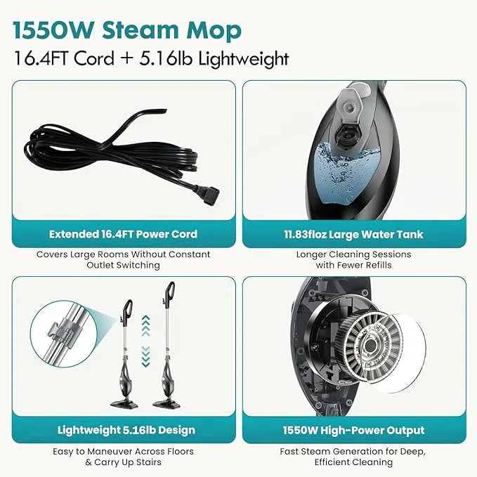 Steam Mop, Handheld Steam Cleaner with 2 Washable Pads, Floor Steamer for Hardwood and Tile, Multipurpose Floor Cleaner Machine for Carpets, Furniture, Windows, Black and Grey - NeatNest