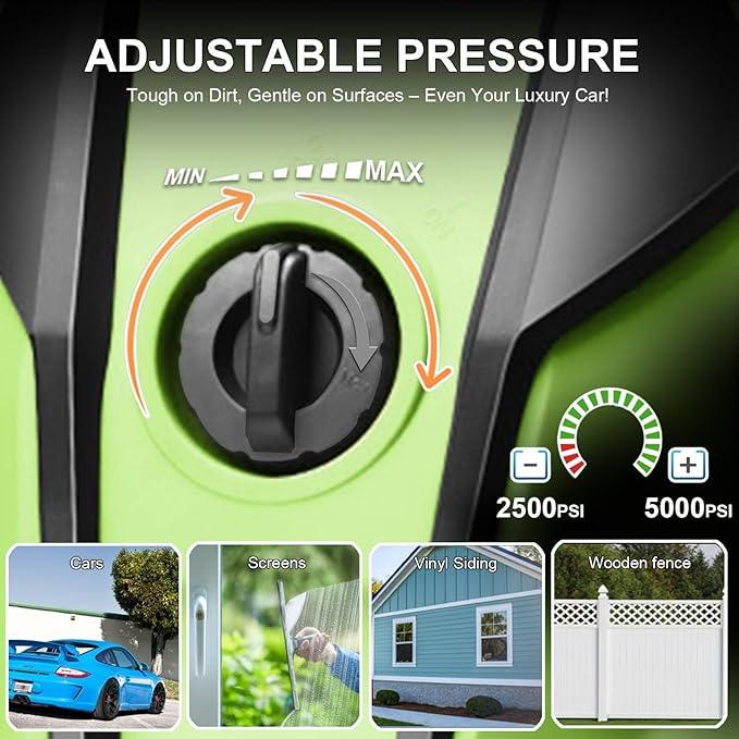 5000 PSI Adjustable Pressure Cleaner, 2025 New Power Cleaner Pressure Adjustable (2500PSI-5000PSI) with 33ft Pressure Hose, 4 Nozzle and Detergent Tank for Cars, Upgraded Green - NeatNest