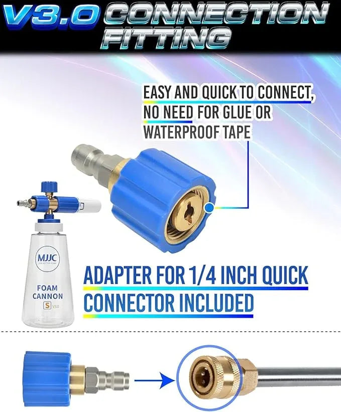 MJJC Foam Cannon S V3.0 (Thicker Snow Foam Technology) with 1/4 Inch Quick Connector for Pressure Washer, 34 oz Bottle (V3.0 (1/4" Quick Connector) + SOAP Sample) - NeatNest