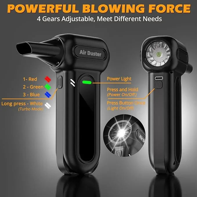 Gardon Compressed Air Duster Cordless - 180000RPM Electric Air Dusters for Cleaning, 4-Gear Handheld Blower, Mini Keyboard Cleaner with LED Light, 8000mAh Rechargeable, Turbo Fan for Car, PC, Black - NeatNest