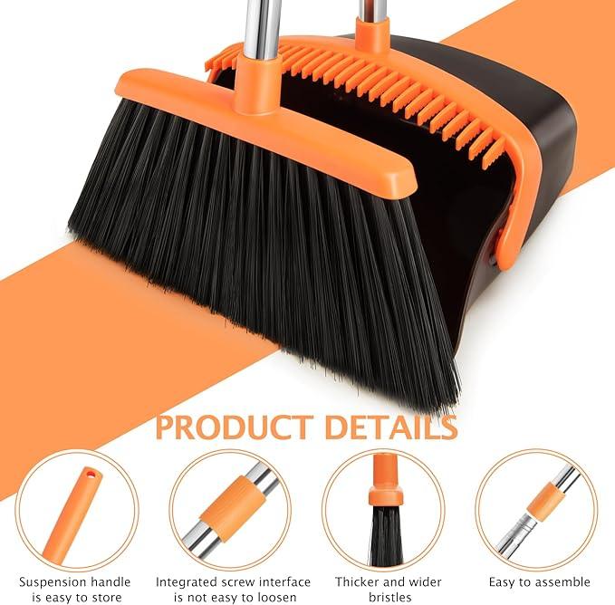 2-Pack Broom and Dustpan Set with Long Handle, Heavy Dust Broom and Dustpan Combo for Home，Kitchen, Office, Pet Hair (Brown Orange) - NeatNest