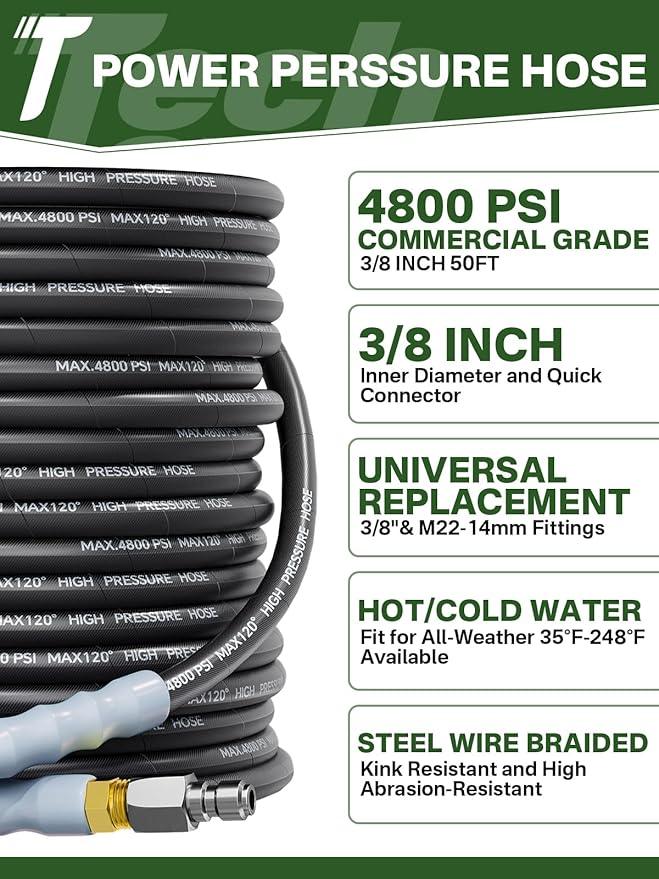 3/8" 4800PSI Pressure Washer Hose 50FT with Swivel Quick Connect for Cold/Hot Water Max 248°F, Kink Resistant Steel Wire Braided, Wear Resistant Power Washer Hose with M22 14mm Adapter - NeatNest