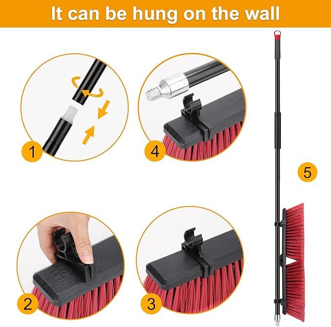 18 inches Push Broom Outdoor Garden Broom with 63" Long Handle for Deck Driveway Garage Yard Patio Concrete Floor Cleaning(Red) - NeatNest