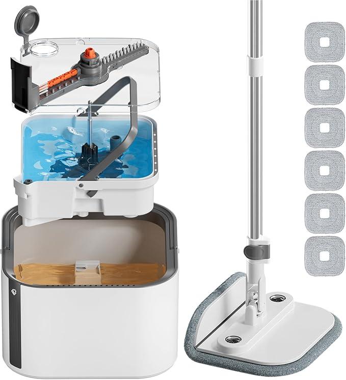 Upgraded Self-Standing Spin Mop and Bucket System, Detachable Inner Mop Bucket Separates Dirty Water & 90° Foldable Head, Triple-Scrub System, 0.9Gal Dual Drainage, for Hardwood Floors (White 6 Pads) - NeatNest