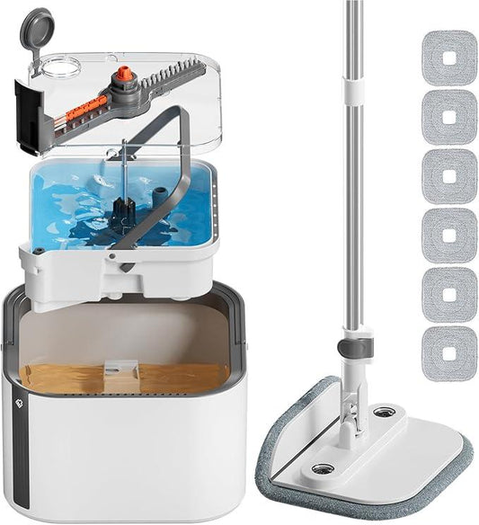 Upgraded Self-Standing Spin Mop and Bucket System, Detachable Inner Mop Bucket Separates Dirty Water & 90° Foldable Head, Triple-Scrub System, 0.9Gal Dual Drainage, for Hardwood Floors (White 6 Pads) - NeatNest