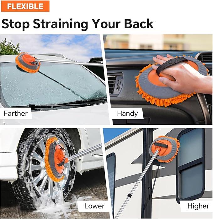 ARTIPOLY 20ft Reach Car Wash Brush with Long Handle-Car Cleaning Kit with 4-12FT Extension Pole, Ultimate RV,Truck Wash Set with Soft Brush, Tire Brush, Window Squeegee, Mitt, Microfiber Cleaning Mop - NeatNest