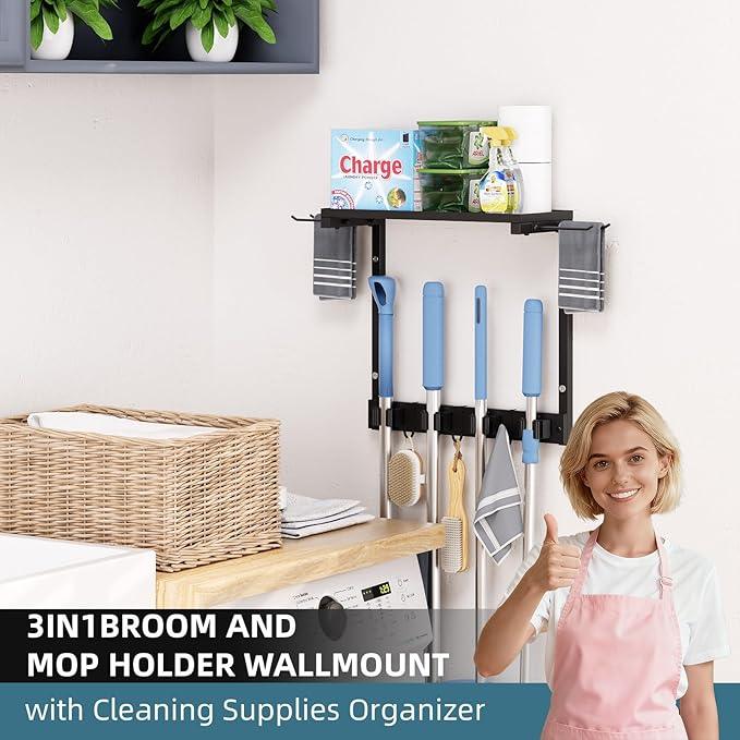 Broom Holder Wall Mount with Cleaning Supplies Organizer, Laundry Room Organization and Storage Shelves, Mop Hanger Broom Rack with Hooks, Home Improvement Kitchen Shelf Garage Organizer - NeatNest