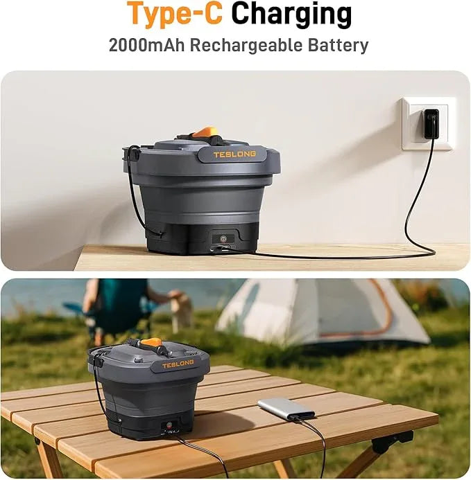 Teslong Portable Electric Pressure Washer with 12L Tank, Foldable Design, 4-in-1 Nozzle, Type-C Charging, 10L Water Storage Bag, Cordless Power Washer for Outdoor Camping, Gardening, and Pet Grooming - NeatNest