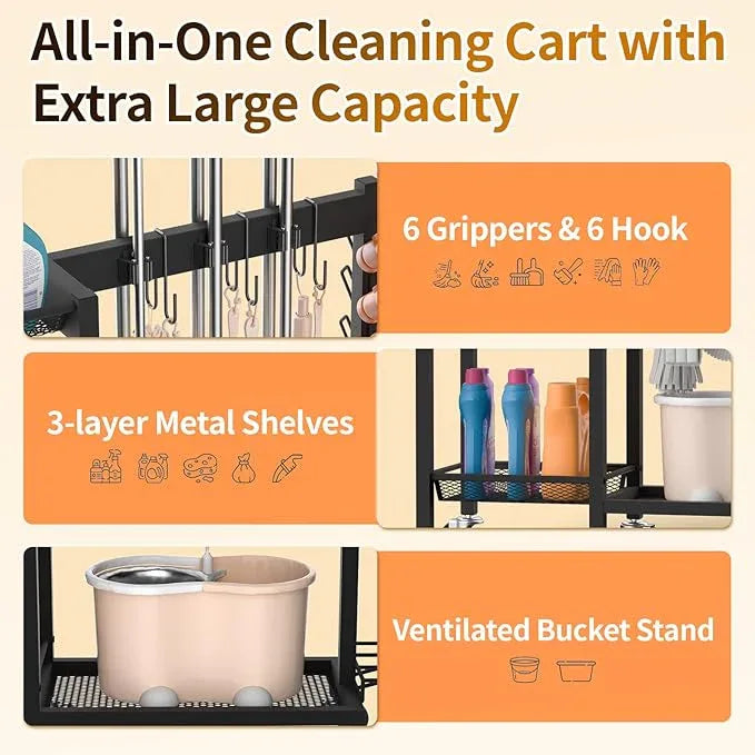 Broom Holder with Cleaning Supplies Organizer Load 350 LBS Cleaning Cart with Wheels Broom Closet Storage with 3-Tier Shelves, 6 Mop Hanger Grippers, 3 Double-Hooks, Vacuum Stand for Laundry Garage - NeatNest