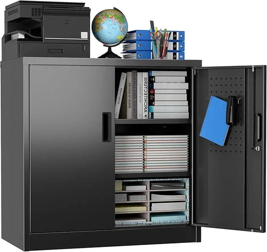 SUXXAN Metal Storage Cabinet with Pegboard 31.5”H×31.5”W×16.5”D, Lockable Rolling Steel Storage Cabinet with 2 Adjustable Shelves and Door for Garage, Office, Kitchen, Assembly Required(Black) - NeatNest