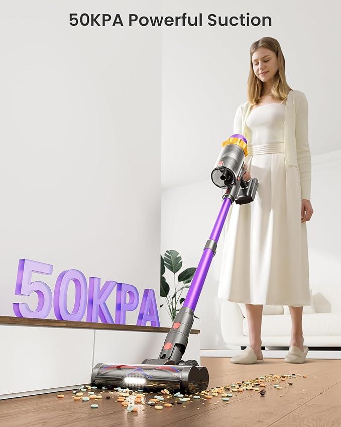 Cordless Vacuum Cleaner, 600W 50KPA 70 Mins Vacuum Cleaners for Home, Self-Standing Cordless Vacuum with Charging Dock Station, LED Display, Upgraded Anti-Tangle Stick Vacuum for Pet Hair/Carpet/Floor - NeatNest