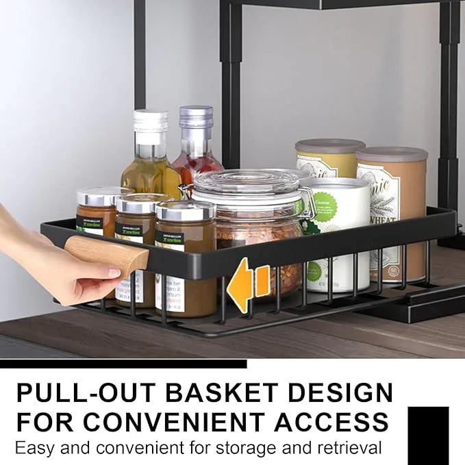 2-Tier Sliding Under Sink Organizer, L-shape Pull Out Cabinet Organizers, Multi-purpose Sink Storage Shelves, Metal Mesh Drawer Organizer for Bathroom Kitchen (Black, Pull-Up & Down Style) - NeatNest