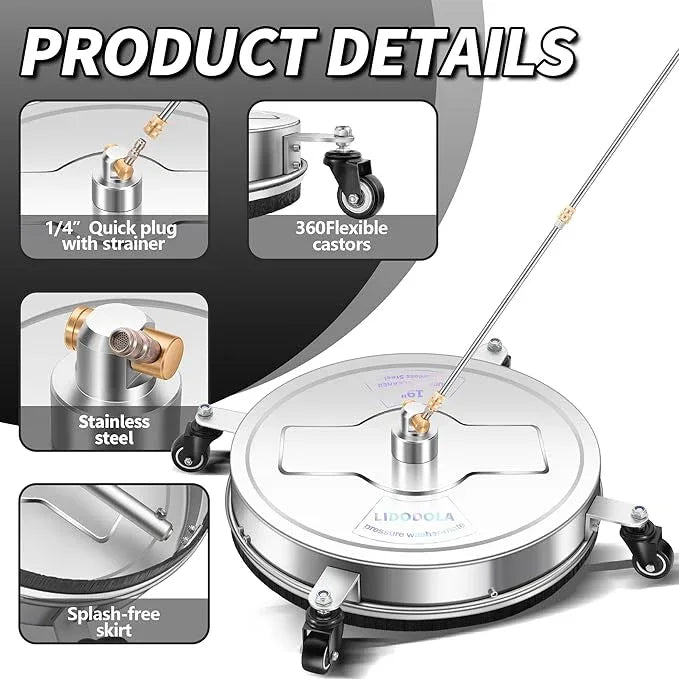 19" Pressure Washer Surface Cleaner with 4 Wheels - Stainless Steel Surface Cleaner for Pressure Washer Attachment for Concrete, Patio, Sidewalk, Deck, Driveways and Daily Washing - PWS 19 - NeatNest