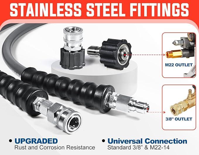 YAMATIC 3/8" Pressure Washer Hose 50FT with Stainless Steel Swivel 3/8" Quick Connect, 4200 PSI Non Marking Rubber Wear Resistant Steel Braided Industry Grade for Hot/Cold Water Gas Power Washer - NeatNest