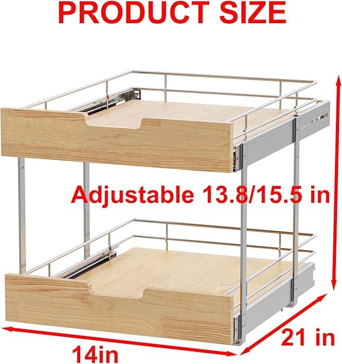 Pull Out Cabinet Organizer,Heavy-Duty Slide Out Shelf, Wood and Wire Basket, Pull Out Drawer for for Kitchen Under Sink Space, Pantry, Bathroom, 2 Tie 14 * 21 in - NeatNest
