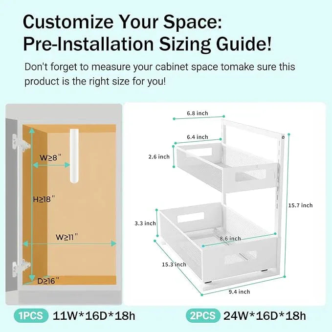 Under Sink Organizer Adjustable Height 2 Tier Bathroom Organizer Pull Out Cabinet Organer kitchen organizers and storage fridge organizers and storage,White,XL-1 Pack - NeatNest