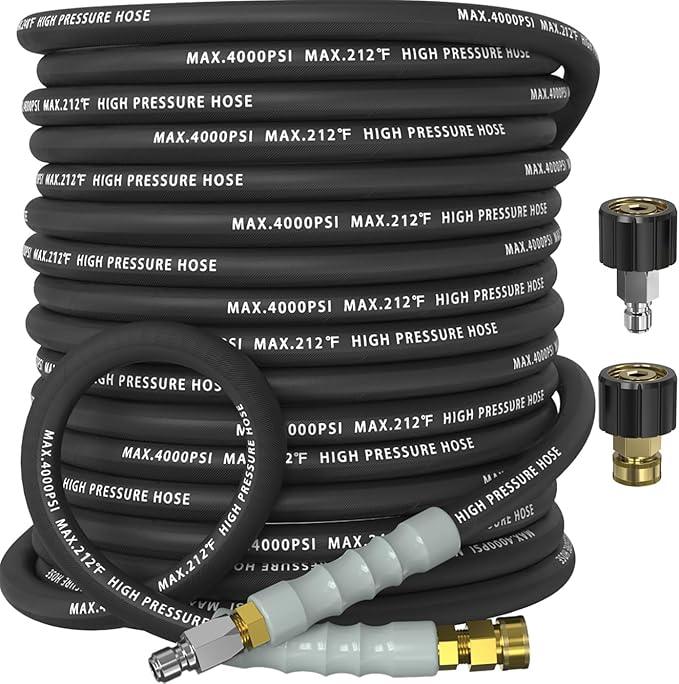 Pressure Washer Hose 50FT 4000 PSI, Kink Resistant Steel Braided Layer & NonMarking Rubber for Hot/Cold Water, High Power Washer Hose With 3/8 Inch Quick Connect & M22 Fitting, Black - NeatNest