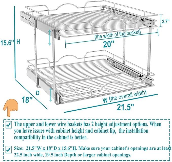 OCG 2 Tier Pull Out Cabinet Organizer (21.5" W x 18" D), Pull Out Shelves for Kitchen Cabinets, Slide Out Pantry Shelves for Base Cabinet Organization in Kitchen Bathroom Pantry, Chrome Finish - NeatNest