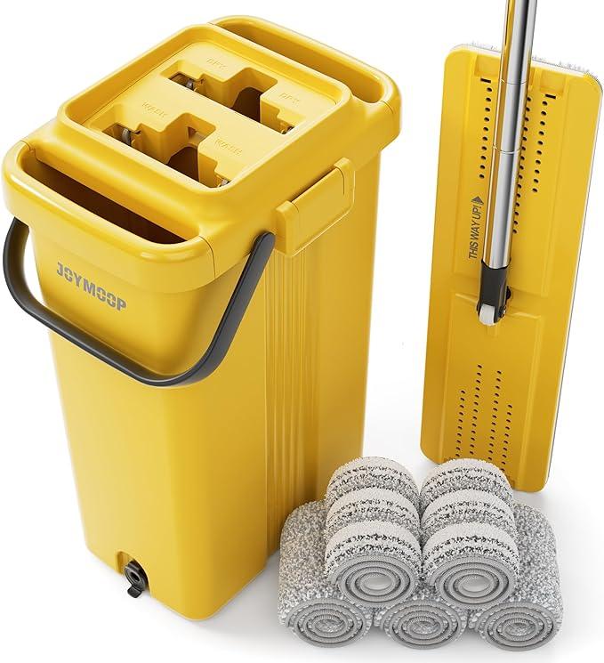 JOYMOOP Industrial Mop and Bucket Set, 17.7-inch Dust Mops for Floor Cleaning, Flat Mop Bucket with Wringer, Include 5 Reusable Microfiber Mop Pads - Yellow - NeatNest