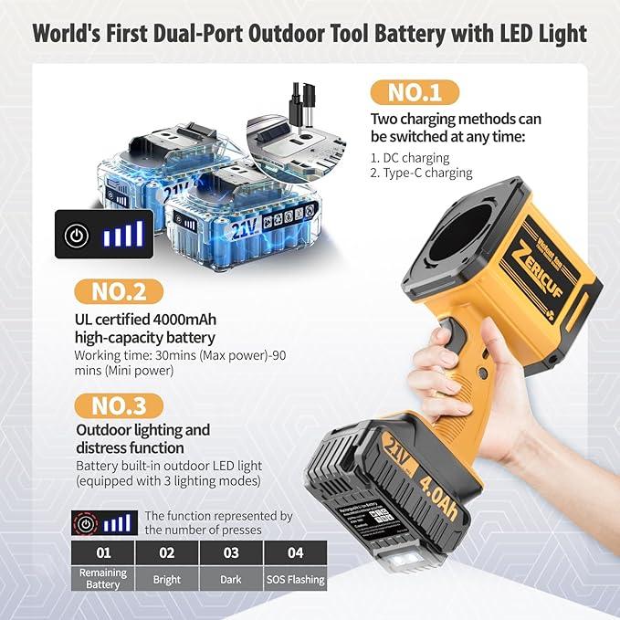 Leaf Blower Cordless with 2*4.0 Ah Battery and Charger[Battery with Outdoor LED Light+Stepless Speed Control]21V 180MPH Handheld Electric Leaf Blower for Patio & Garden Dust Leaves CleaningCar Wash - NeatNest