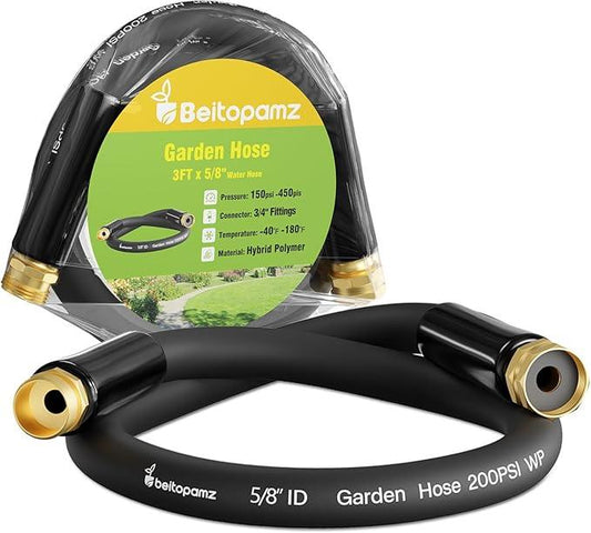 Short Garden Hose 3 ft x 5/8 in Male to Female Heavy Duty Small Water Hose Extend Connector, Lightweight Rubber Hybrid Leader Hose, Leak-Free Connections, BT3B, Black - NeatNest