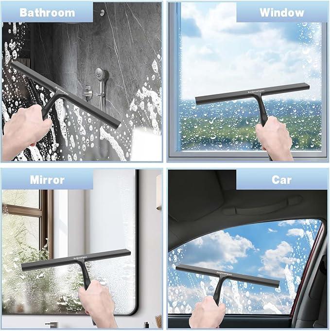 Household Squeegee for Shower Glass Doors, Silicone Shower Squeegee with Adhesive Hook, Bathroom Squeegee for Shower, Window Cleaner Tool for Glass Door, Kitchen, Tile Wall(10 inch-Black) - NeatNest