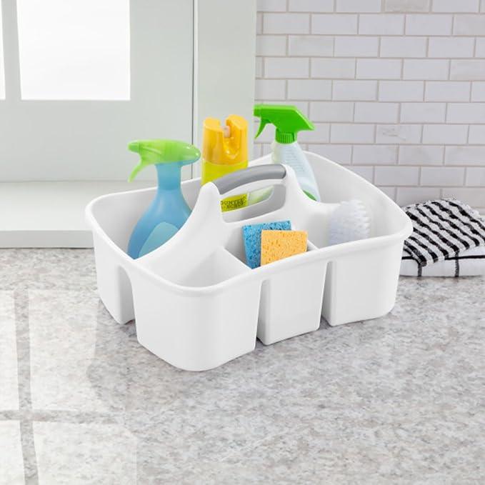 Sterilite Divided Ultra Caddy, Plastic, Portable Storage to Hold Bathroom and Cleaning Supplies, 5 Large Compartments and Handle, White, 18-Pack - NeatNest