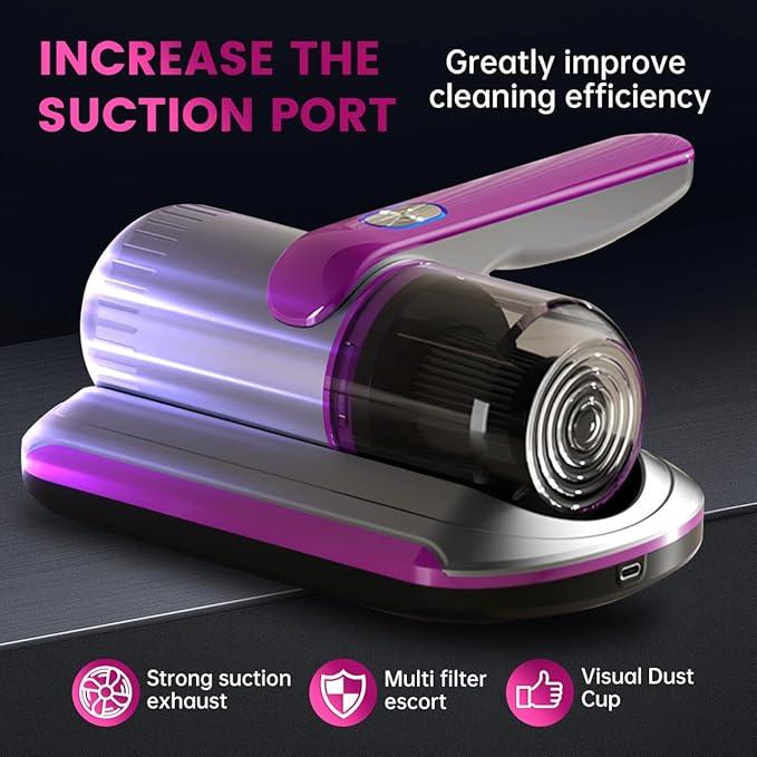 PATO Mattress Vacuum Cleaner, Wireless Handheld Bed Vacuum Cleaner with UV-C Light, HEPA Filter and Ultrasonic Vibration, 12KPa, Suitable for Beds, Sofas, Car Seats, Carpets (Purple) - NeatNest