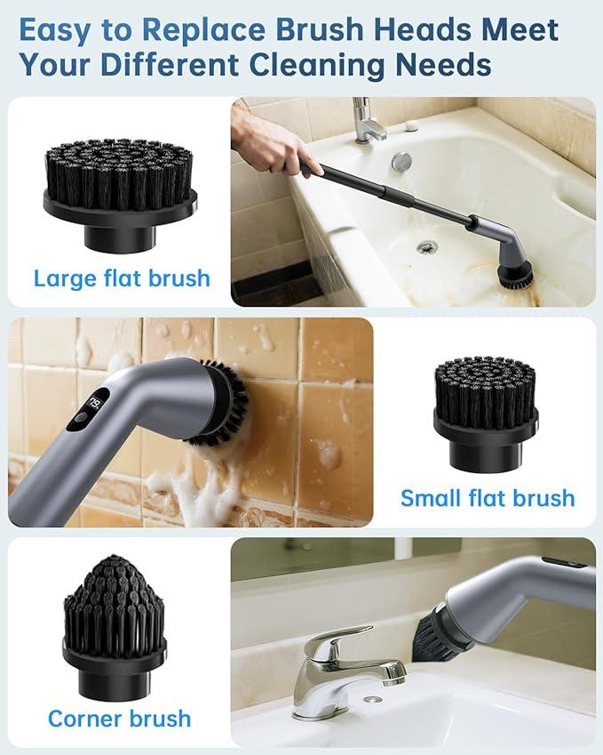 Electric Spin Scrubber, IPX7 Waterproof Dual Speed Cordless Cleaning Brush with 7 Brush Heads, Extendable Long Handle Shower Scrubber for Bathroom Shower Bathtub Glass Tub Tile Floor Car - NeatNest