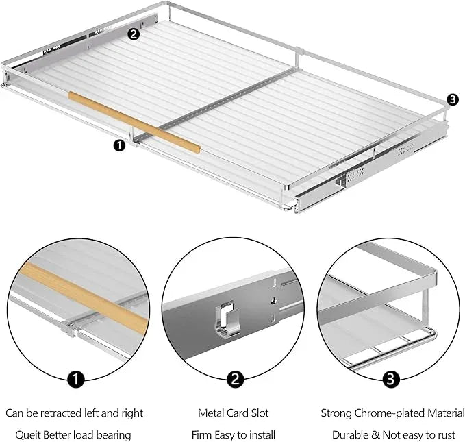 SANNO Pull Out Cabinet Organizer, Pantry Drawer Slide Out Basket Expandable Sliding Shelf Under Sink Shelf, Steel Metal cabinet drawers slide out, Chrome Finish, 23.1 to 39.9" W - NeatNest