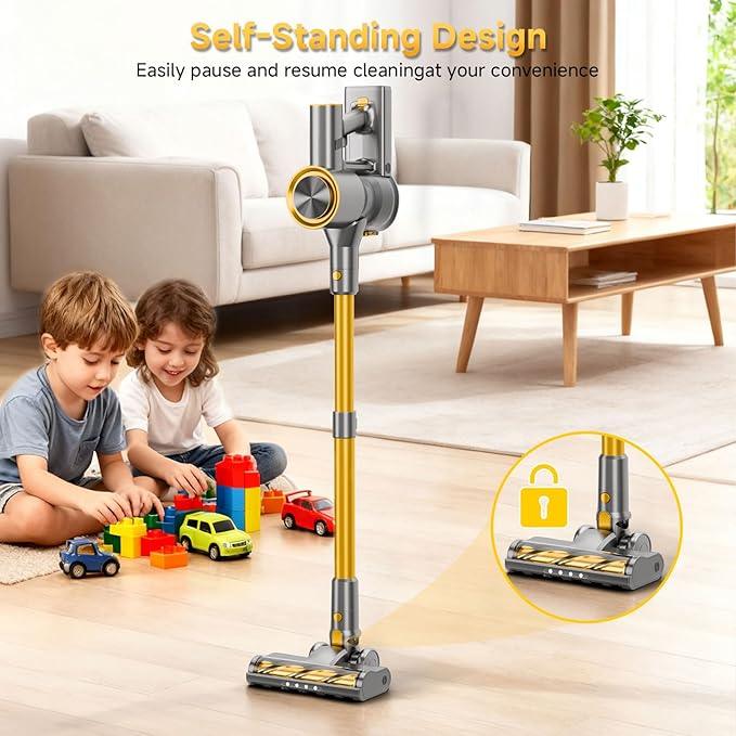 Cordless Stick Vacuum Cleaner - 45KPA Powerful Suction Vacuum with 45 Min Runtime, Detachable Battery, Anti-Tangle & 1.5L Dust Cup, 8 in 1 Vacuum Cleaner for Pet Hair, Carpet, HardFloor, Yellow - NeatNest
