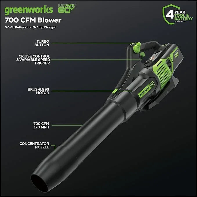 Greenworks 60V 700 CFM Brushless Leaf Blower, 5.0 Ah Battery and Rapid Charger - NeatNest