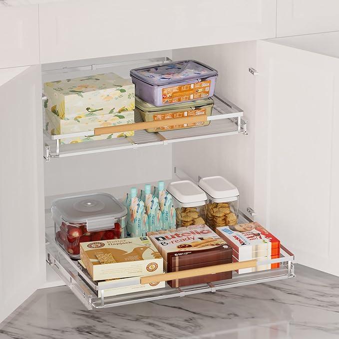 SANNO Expandable Pull Out Cabinet Organizer,Slide Out Pantry Shelf for Kitchen Cabinet or Under Sink,Extendable Width16.1 to 26.4" W,Chrome Finish,3Pack - NeatNest