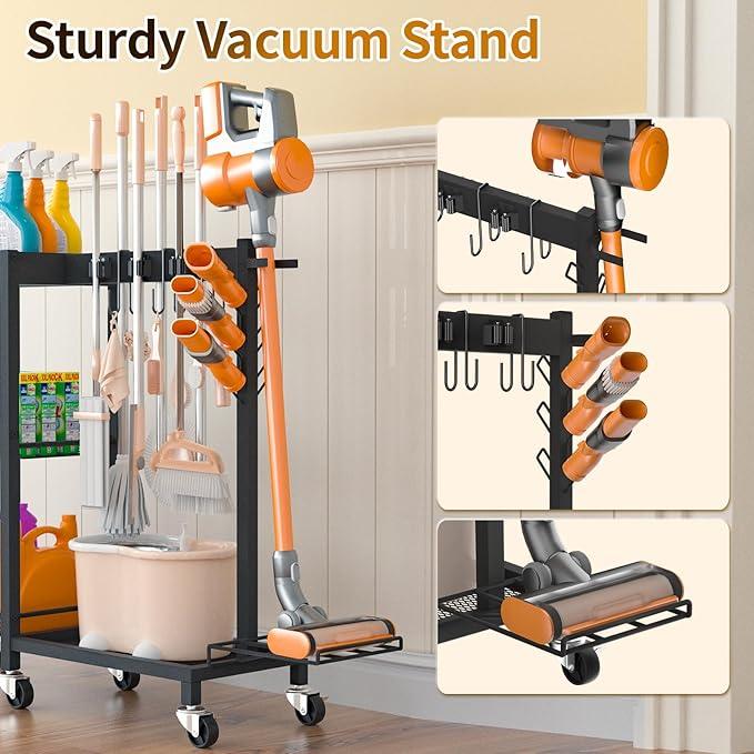 Broom Holder with Cleaning Supplies Organizer Load 350 LBS Cleaning Cart with Wheels Broom Closet Storage with 3-Tier Shelves, 6 Mop Hanger Grippers, 3 Double-Hooks, Vacuum Stand for Laundry Garage - NeatNest