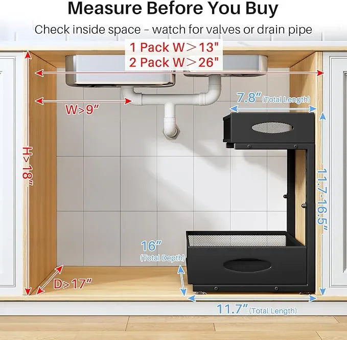 Under Sink Organizer, 2 Tier Pull Out Under Cabinet Organizer Shelf with Pad for Framed Cabinets, Metal Slide Out Under Sink Storage, Mesh Sliding Drawers for Kitchen Bathroom Laundry(Black, 1 Pack) - NeatNest