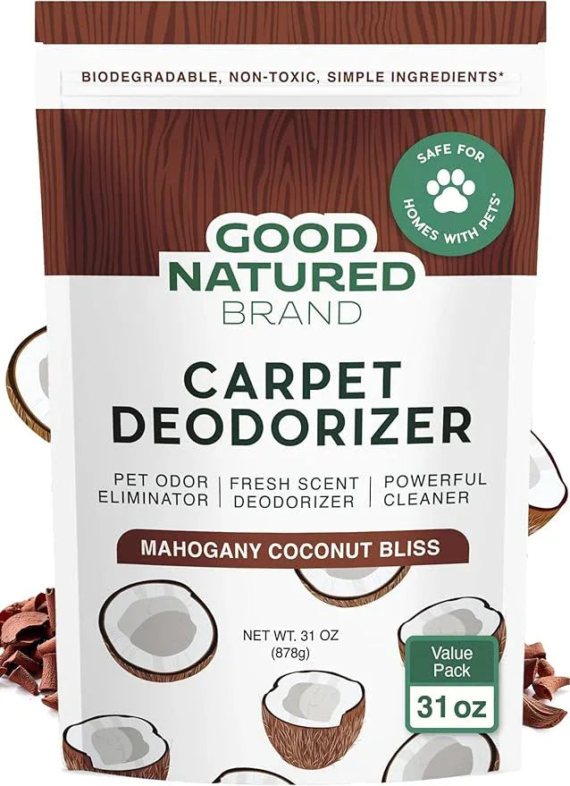 Good Natured Brand | Carpet Deodorizer & Freshener Powder | 31 oz Pet Odor Eliminator for Strong Odor & Pet Urine | Fresh Natural Mahogany Coconut Bliss Scent | Safe for Homes with Pets - NeatNest