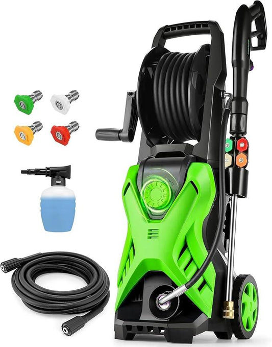 Electric Pressure Washer, 2.8 GPM High Power Washer Adjustable Pressure 2500PSI-5000PSI with 33FT Extension Hose Reel, 4 Nozzles and Soap Bottle for Cars/Fences/Driveways - NeatNest