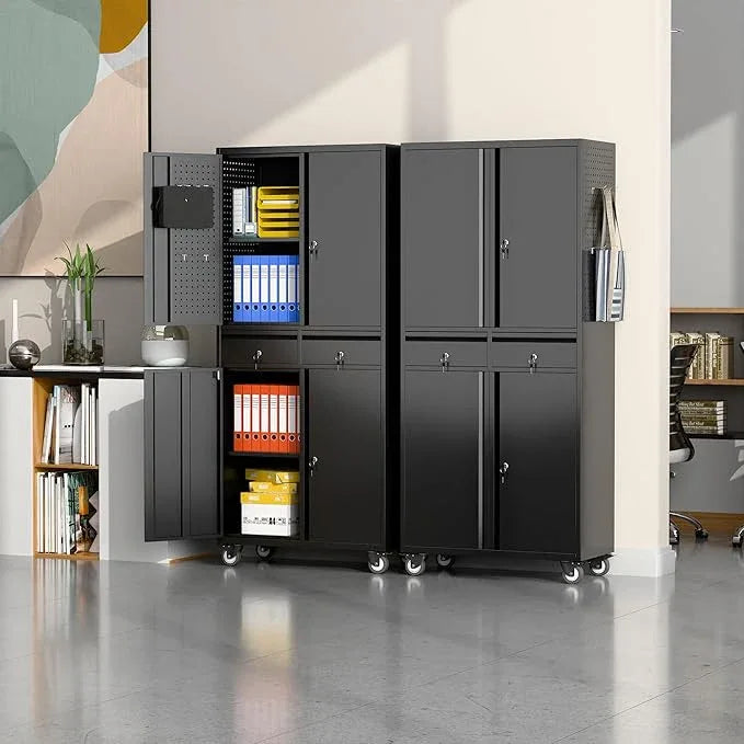 SUXXAN 71" Metal Garage Storage Cabinet with 8 Hooks and Pegboards,2 Drawer Rolling Tool Storage with Locking Doors and Adjustable Shelves,Heavy Duty Steel Tool Cabinet for Garage, Warehouse - NeatNest