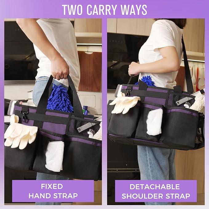 Wearable Cleaning Caddy, Cleaning Caddy Supplies Organizer with Handle & Shoulder Straps for Housekeepers, Under Sink & Car Cleaning Tool Organizers Bag with 4 Foldable Divider (Purple) - NeatNest