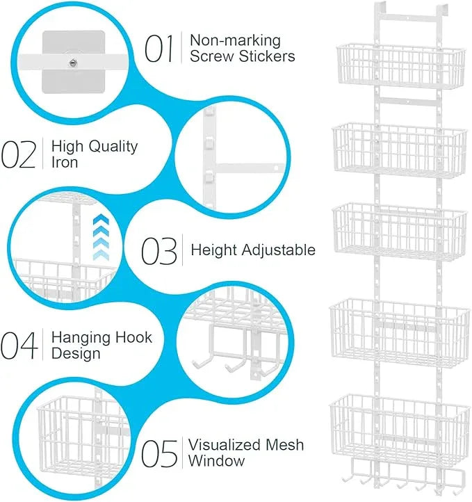 Adjustable Over The Door Organizer, Metal Hanging Door Organizer with 5 Wire Basket 7 Hooks, Wall Mounted Shelf for Pantry Closet Organization and Storage, White - NeatNest