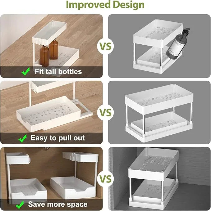 Under Sink Organizers and Storage, L-Shape Kitchen Bathroom Organization, 2-Tier Sliding Storage Under Bathroom Kitchen Sink Cabinet Organizer Shelf Pull Out ABS-2PC (White) - NeatNest