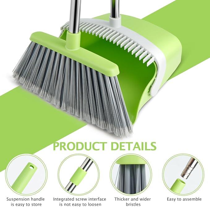 Broom and Dustpan Set, Dustpans with Broom Combo for Home, Heavy Dust Broom and Dustpan Combo, Long Handle Dust Pan and Broom Set for Kitchen, Office, Pet Hair(Gray Green) - NeatNest