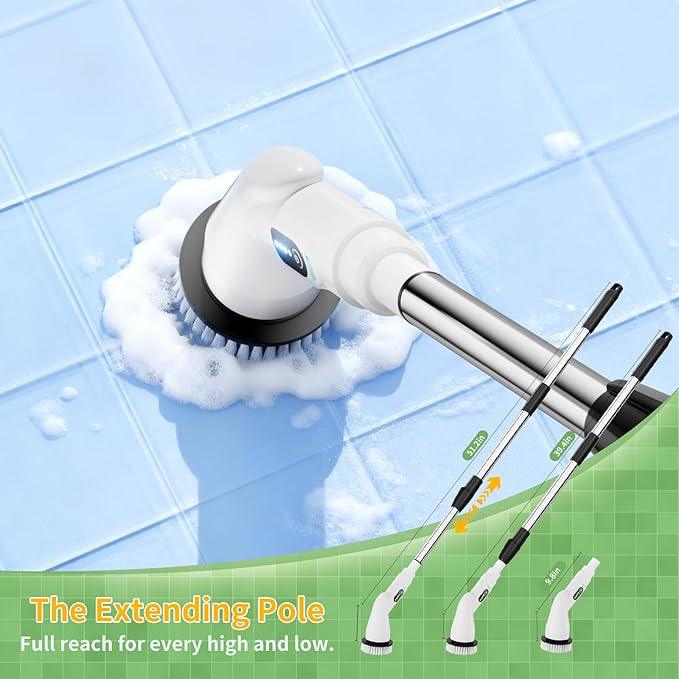 Electric Spin Scrubber - Household Cleaning Brush with 8 Heads, 51.2in Extendable Pole Bathroom Scrubber for Stubborn Grease on Grill, Stovetop & Bathtub, 90Min Runtime - Type B - NeatNest