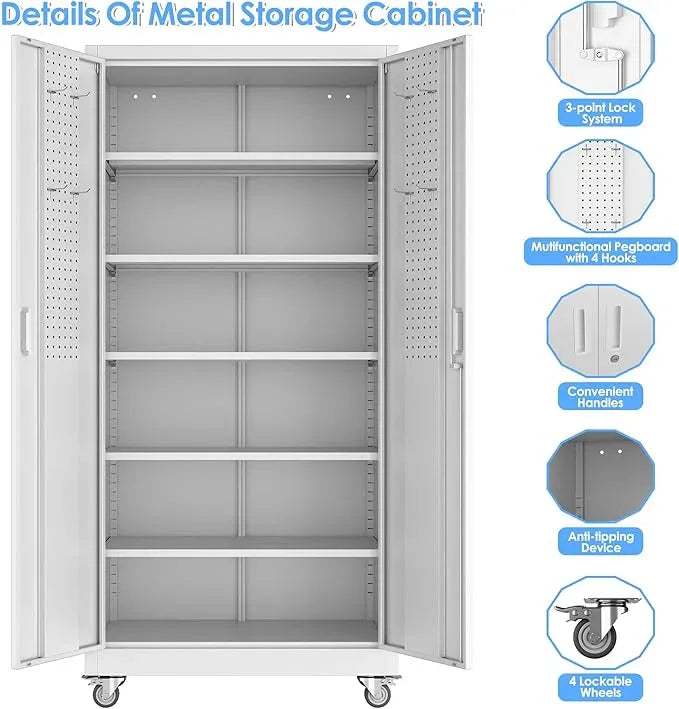 SUXXAN Metal Garage Storage Cabinet with Wheels and Pegboard 71'' x 34'' x 18'', Lockable Rolling Steel Cabinet with 5 Adjustable Shelves and Door for Garage, Office, Kitchen, Assembly Required - NeatNest