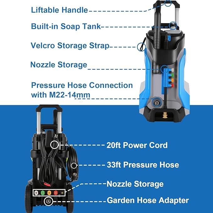 Pressure Washer 5000PSI Power Washers with M22-14mm Pressure Hose 33FT, Power Sprayers High Pressure with 1/4" QC Compatible Surface Cleaner for Home Cars Driveways, Blue - NeatNest