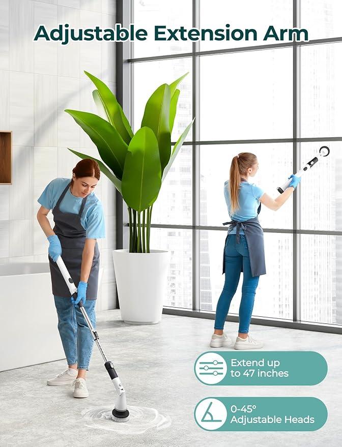 Sweepulire Electric Spin Scrubber for Cleaning, Shower Scrubber with Long Handle, 2 Spin Speeds, Bathroom Scrubber with 8 Replacement Heads, Bath Tub Cleaner Brush for Floor, Tub, Shower, Tile - NeatNest