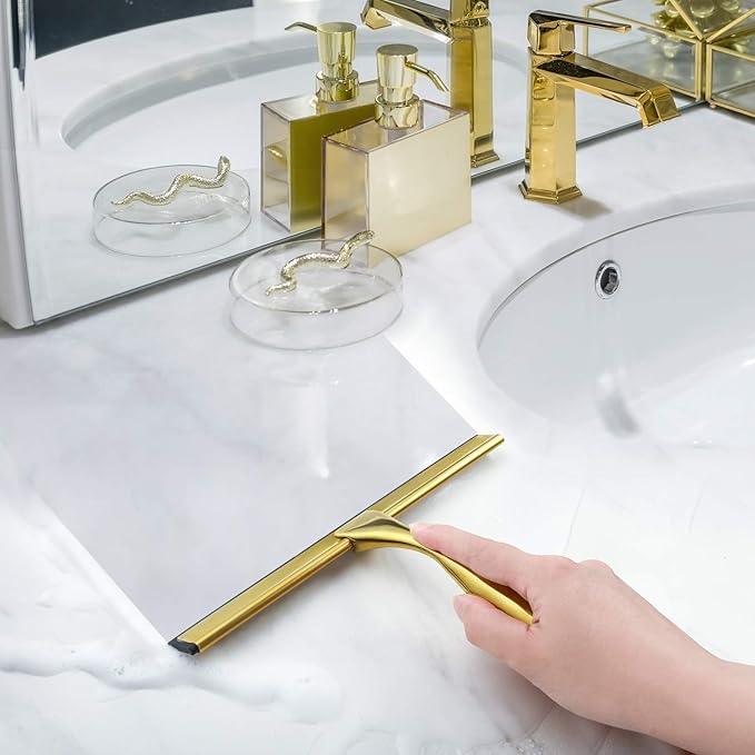 HIWARE All-Purpose Shower Squeegee for Shower Doors, Bathroom, Window and Car Glass - Brass, Stainless Steel, 10 Inches - NeatNest