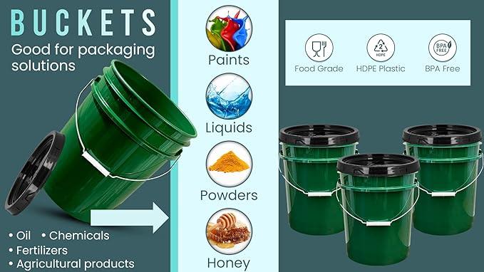 House Naturals Green 5 gal Food Grade Plastic Bucket Pail Container with Lid (Pack of 3) Made in USA - NeatNest