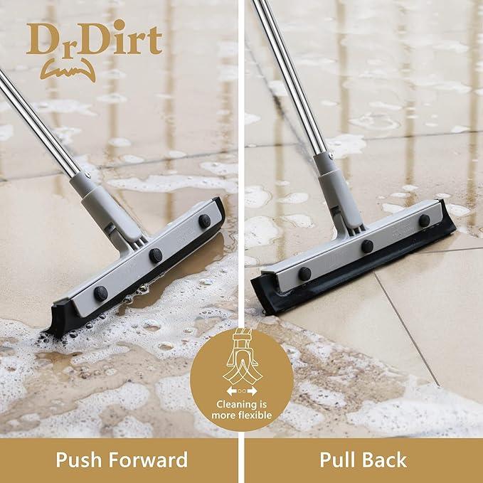 DrDirt Floor Squeegee, 14-Inch Swivel Squeegee Head, Replaceable Foam Rubber Blade, 3-Section Stainless Steel Pole, for Bathroom, Kitchen, Pet Hair, and Carpet - NeatNest